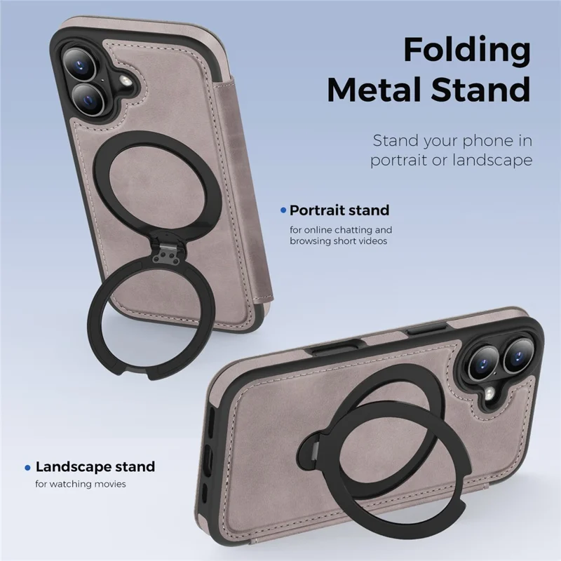 For iPhone 17 Case Compatible with MagSafe RFID Blocking Leather Wallet Cover with Rotating Ring Kickstand - Grey