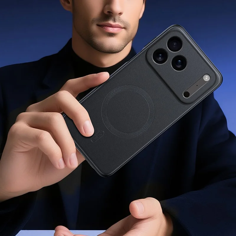 For iPhone 17 Pro Max Case Compatible with MagSafe Leather Coated TPU + PC Phone Cover - Black