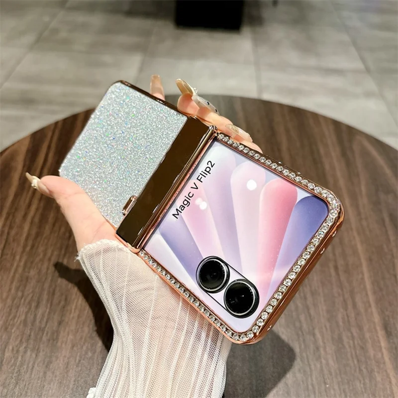 Til Honor Magic V Flip 2 hylster med beslagbeskyttelse, strass og glitrende PC-telefonhylster - Rosenød