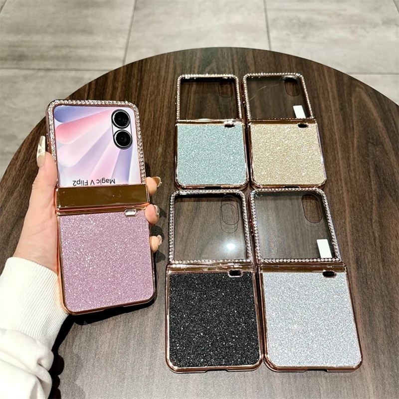 Til Honor Magic V Flip 2 hylster med beslagbeskyttelse, strass og glitrende PC-telefonhylster - Rosenød