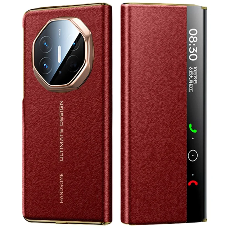 For Huawei Mate XTs Ultimate Case med view-vindue Auto Wake / Sleep PU Læder Flip Smart Phone Cover - Rød