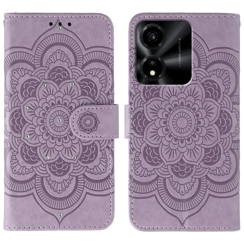 For Honor X5c Plus 4G / X5c 4G Case Rhinestone Decor PU Leather Mandala Imprint Phone Cover with Wrist Strap - Purple
