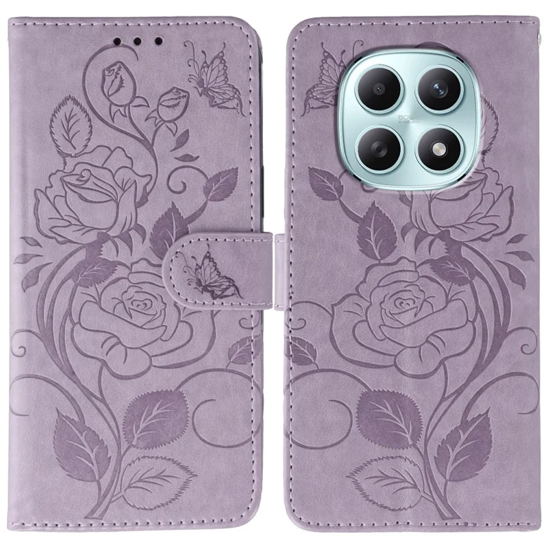 For Xiaomi Poco M8 5G / Redmi Note 15 5G (Global) / 15 4G (Global) Case Wallet Stand Imprinted Rose Butterfly PU Leather Phone Cover - Purple