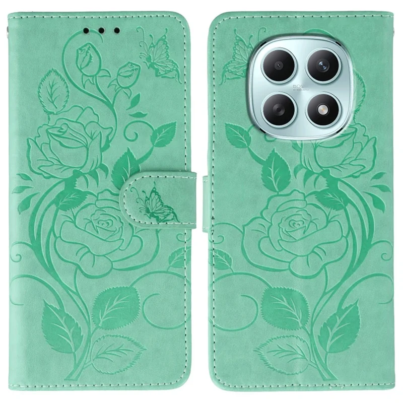 For Xiaomi Redmi Note 15 5G (Global) Case Wallet Stand Imprinted Rose Butterfly PU Leather Phone Cover - Green
