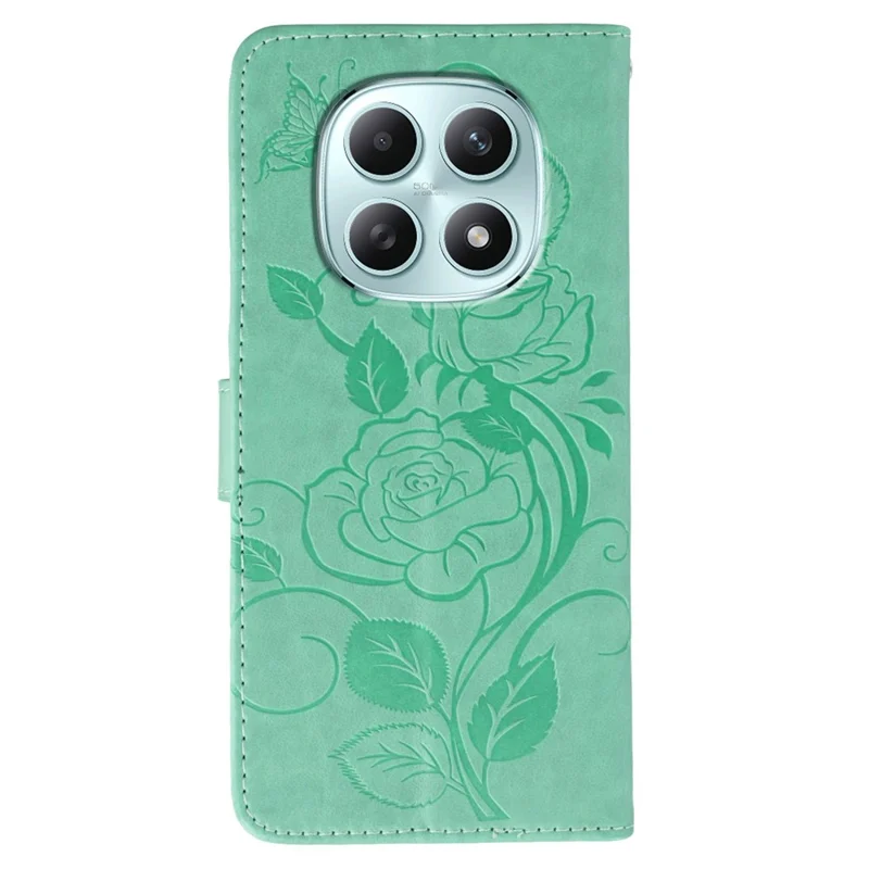 For Xiaomi Redmi Note 15 5G (Global) Case Wallet Stand Imprinted Rose Butterfly PU Leather Phone Cover - Green