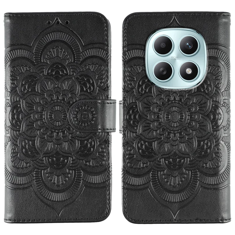 For Xiaomi Poco M8 5G / Redmi Note 15 5G (Global) / 15 4G (Global) Case PU Leather Mandala Imprinted Design Wallet Phone Cover with Wrist Strap - Black