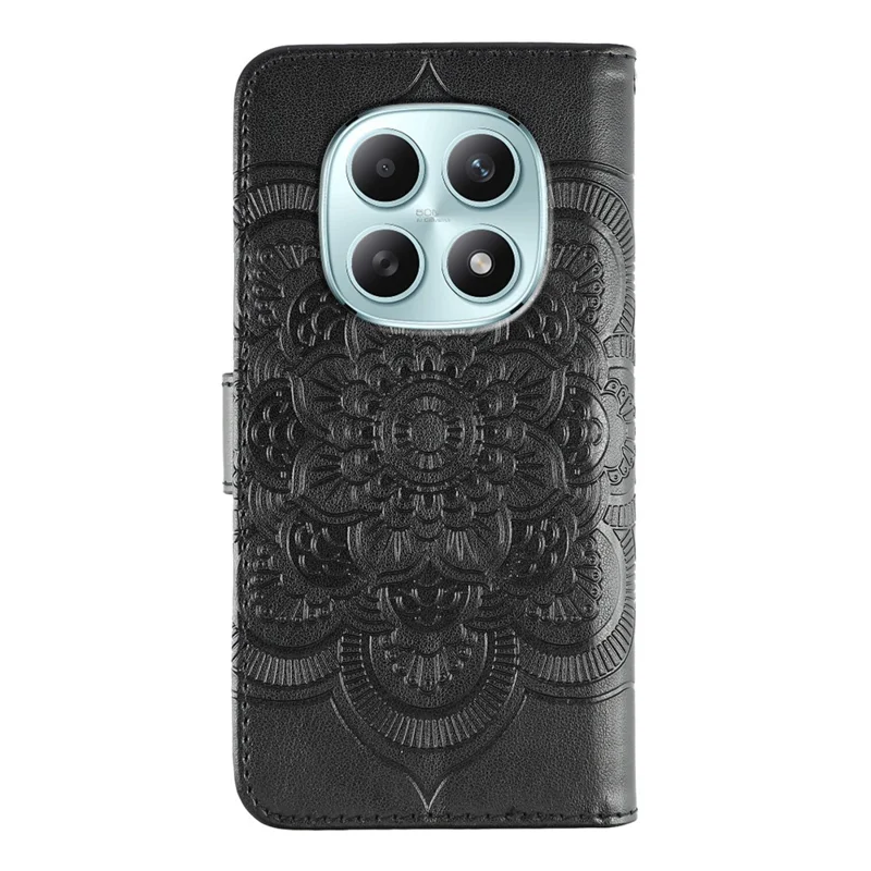 For Xiaomi Poco M8 5G / Redmi Note 15 5G (Global) / 15 4G (Global) Case PU Leather Mandala Imprinted Design Wallet Phone Cover with Wrist Strap - Black