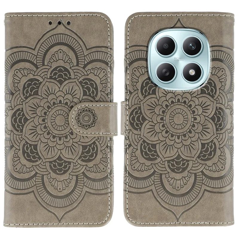 For Xiaomi Poco M8 5G / Redmi Note 15 5G (Global) / 15 4G (Global) Case PU Leather Mandala Imprinted Design Wallet Phone Cover with Wrist Strap - Grey