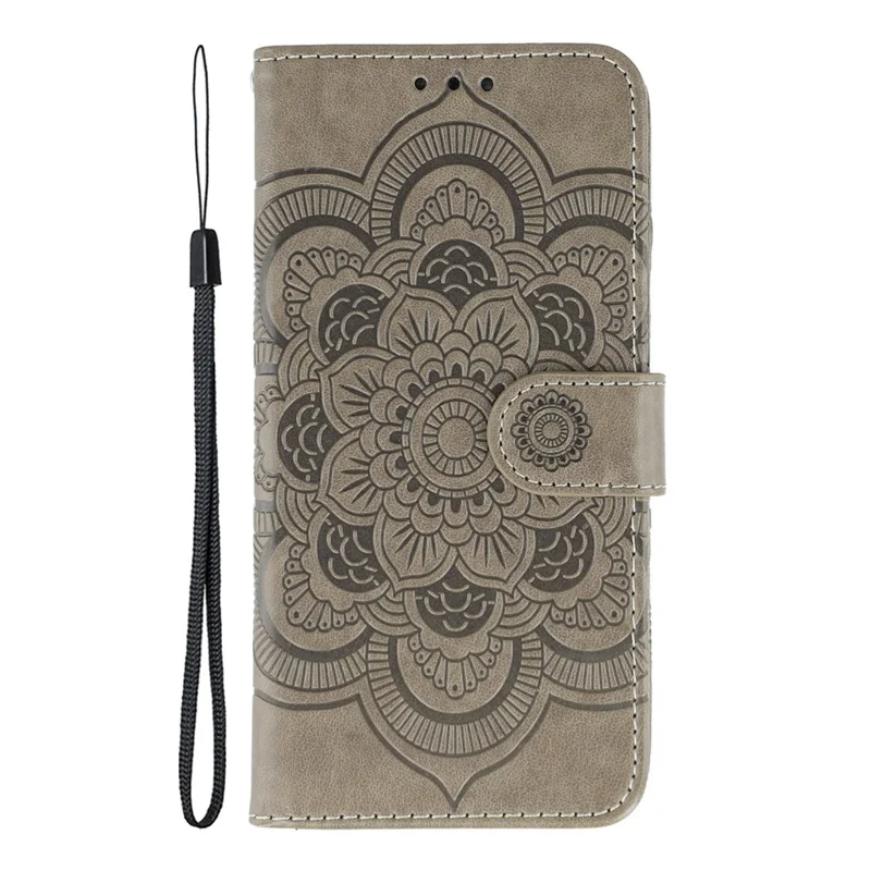 For Xiaomi Poco M8 5G / Redmi Note 15 5G (Global) / 15 4G (Global) Case PU Leather Mandala Imprinted Design Wallet Phone Cover with Wrist Strap - Grey