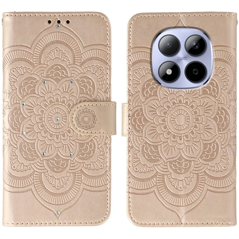 Xiaomi Redmi Note 15 Pro 5G hoesje met strassversiering van kunstleer met mandalaprint en polsbandje - Roségoud