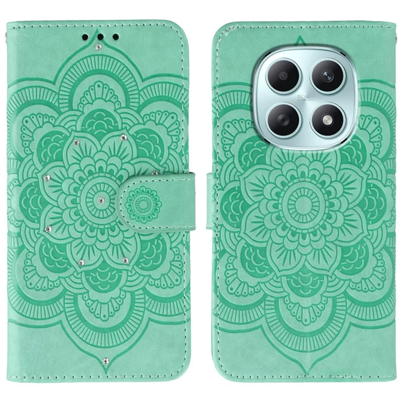 For Xiaomi Poco M8 5G / Redmi Note 15 5G (Global) / 15 4G (Global) Case Rhinestone Decor PU Leather Mandala Imprint Phone Cover with Wrist Strap - Green