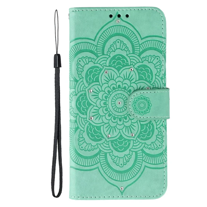 For Xiaomi Poco M8 5G / Redmi Note 15 5G (Global) / 15 4G (Global) Case Rhinestone Decor PU Leather Mandala Imprint Phone Cover with Wrist Strap - Green