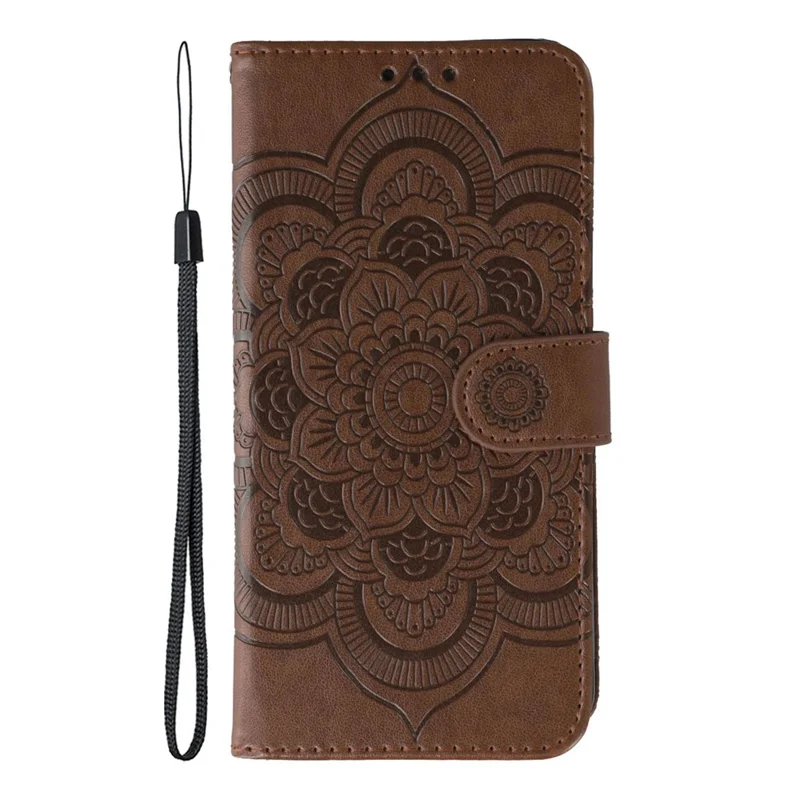 غطاء لهاتف شاومي ريدمي توربو 4 برو 5G / بيوكو إف7 5G من جلد البولي يوريثان المطبوع بنمط الماندالا مع محفظة وحزام معصم - بني