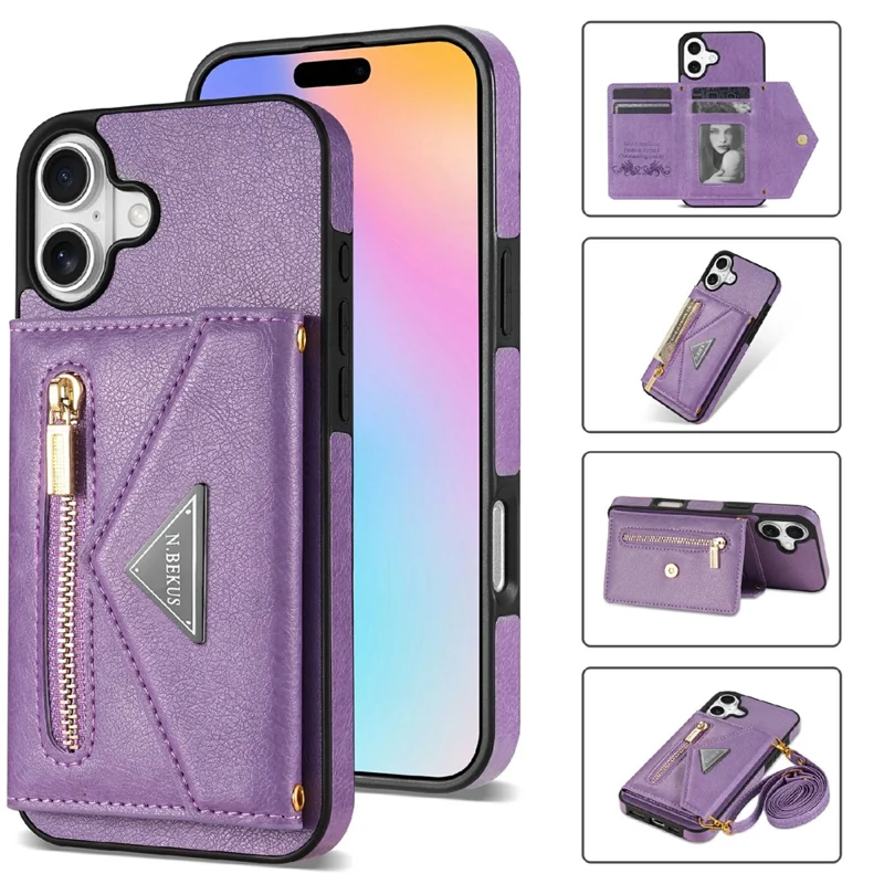 N.BEKUS For iPhone 17 Leather Zipper Case Card Holder Phone Cover with Shoulder Strap - Purple