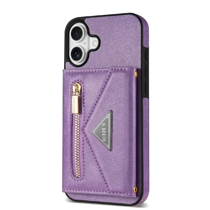 N.BEKUS For iPhone 17 Leather Zipper Case Card Holder Phone Cover with Shoulder Strap - Purple