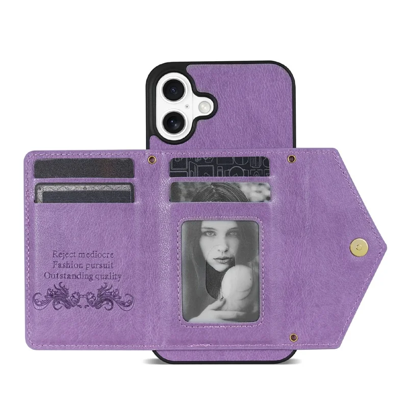 N.BEKUS For iPhone 17 Leather Zipper Case Card Holder Phone Cover with Shoulder Strap - Purple