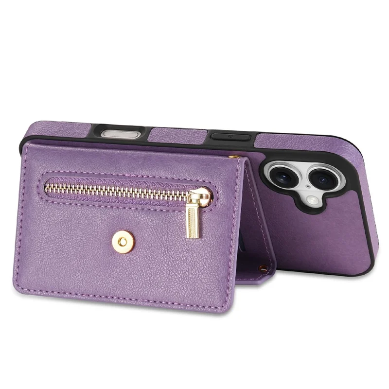 N.BEKUS For iPhone 17 Leather Zipper Case Card Holder Phone Cover with Shoulder Strap - Purple