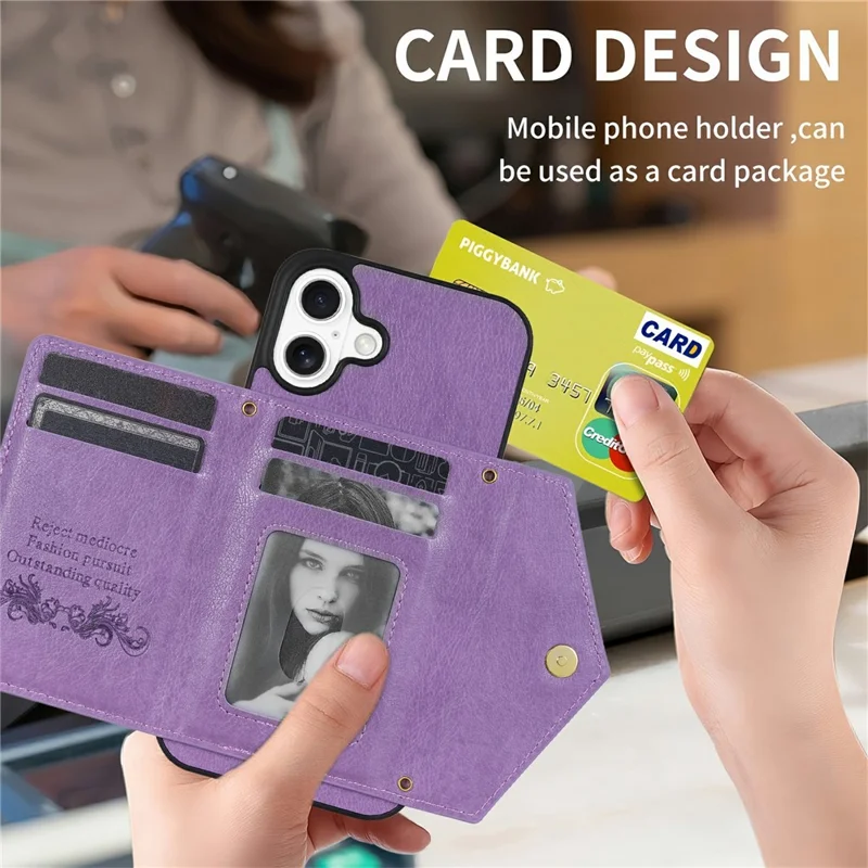 N.BEKUS For iPhone 17 Leather Zipper Case Card Holder Phone Cover with Shoulder Strap - Purple