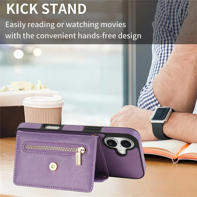 N.BEKUS For iPhone 17 Leather Zipper Case Card Holder Phone Cover with Shoulder Strap - Purple