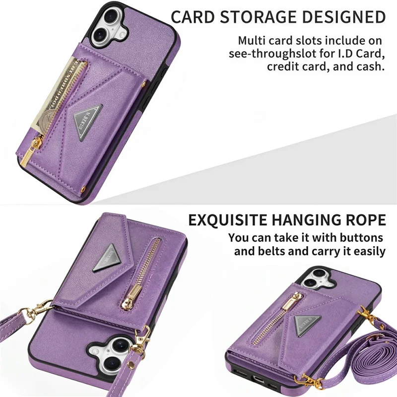 N.BEKUS For iPhone 17 Leather Zipper Case Card Holder Phone Cover with Shoulder Strap - Purple