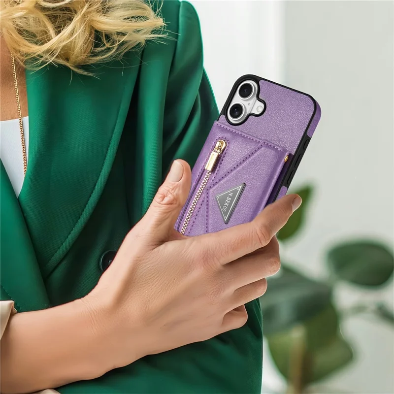N.BEKUS For iPhone 17 Leather Zipper Case Card Holder Phone Cover with Shoulder Strap - Purple