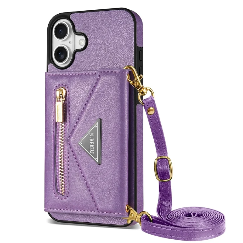 N.BEKUS For iPhone 17 Leather Zipper Case Card Holder Phone Cover with Shoulder Strap - Purple