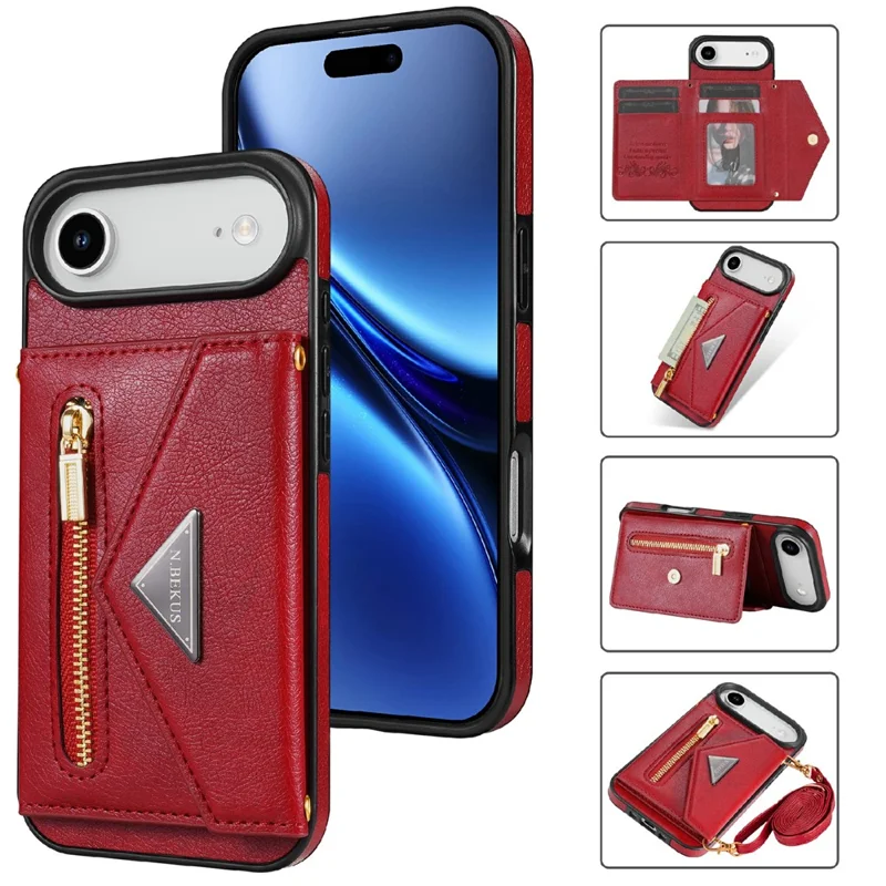 N.BEKUS For iPhone Air Leather Zipper Case Card Holder Phone Cover with Shoulder Strap - Red
