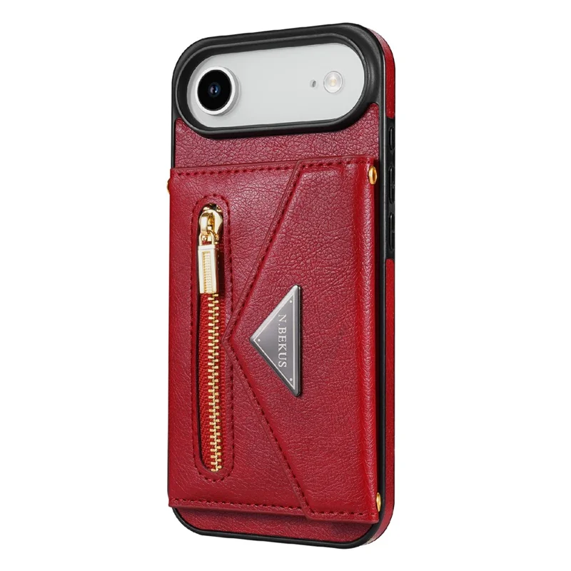 N.BEKUS For iPhone Air Leather Zipper Case Card Holder Phone Cover with Shoulder Strap - Red