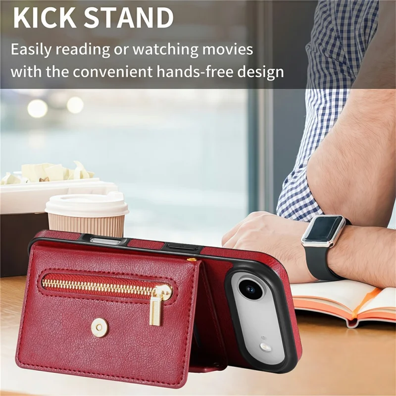 N.BEKUS For iPhone Air Leather Zipper Case Card Holder Phone Cover with Shoulder Strap - Red