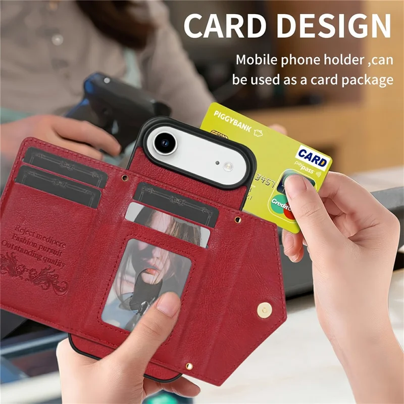 N.BEKUS For iPhone Air Leather Zipper Case Card Holder Phone Cover with Shoulder Strap - Red