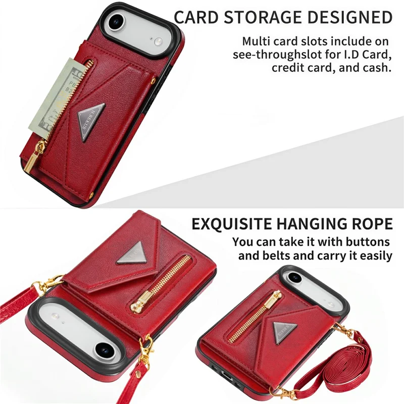 N.BEKUS For iPhone Air Leather Zipper Case Card Holder Phone Cover with Shoulder Strap - Red
