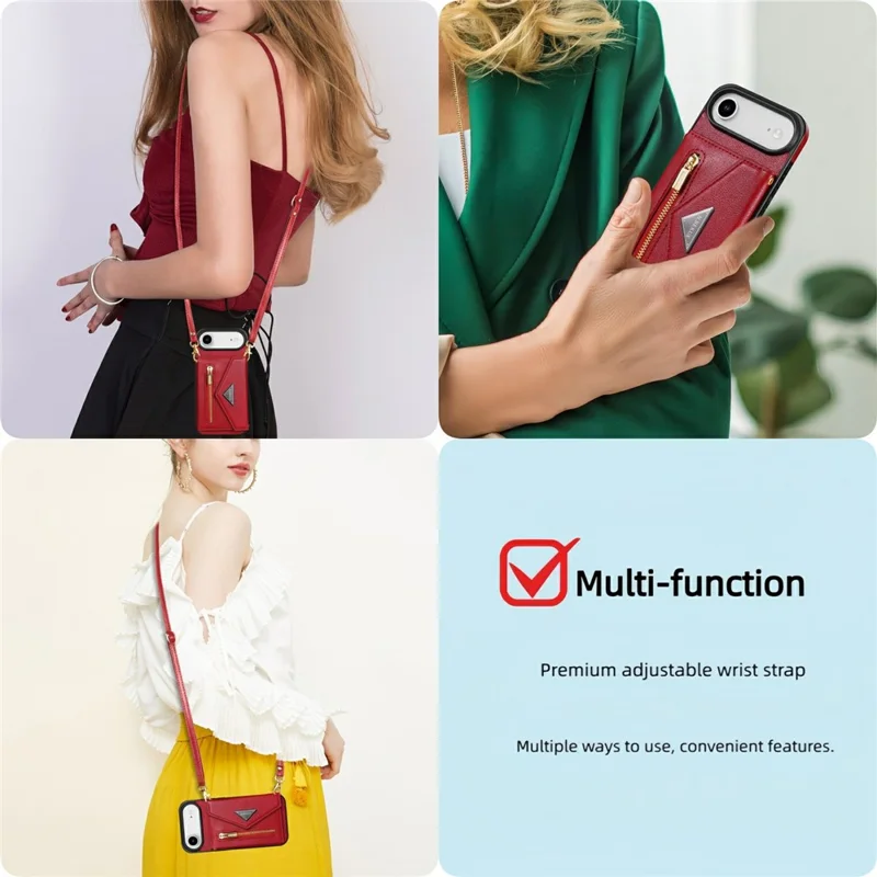 N.BEKUS For iPhone Air Leather Zipper Case Card Holder Phone Cover with Shoulder Strap - Red