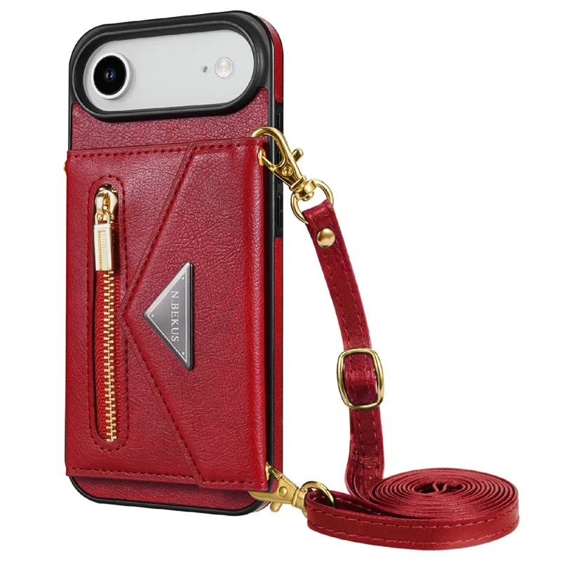 N.BEKUS For iPhone Air Leather Zipper Case Card Holder Phone Cover with Shoulder Strap - Red