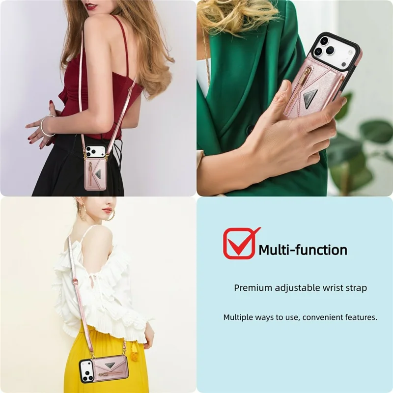 N.BEKUS Fodral för iPhone 17 Pro i läder med blixtlås, kortfodral med hängslinga - Rosa