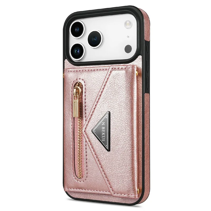 N.BEKUS For iPhone 17 Pro Max Leather Zipper Case Card Holder Phone Cover with Shoulder Strap - Pink
