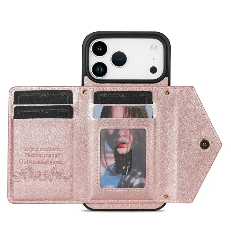 N.BEKUS For iPhone 17 Pro Max Leather Zipper Case Card Holder Phone Cover with Shoulder Strap - Pink