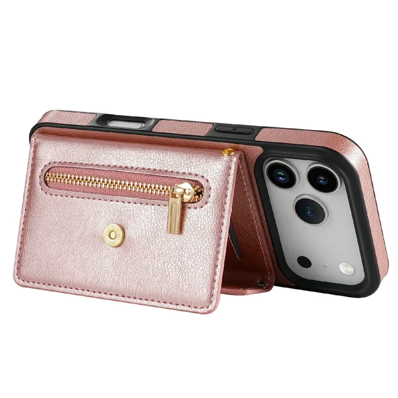 N.BEKUS For iPhone 17 Pro Max Leather Zipper Case Card Holder Phone Cover with Shoulder Strap - Pink