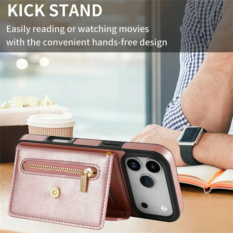 N.BEKUS For iPhone 17 Pro Max Leather Zipper Case Card Holder Phone Cover with Shoulder Strap - Pink