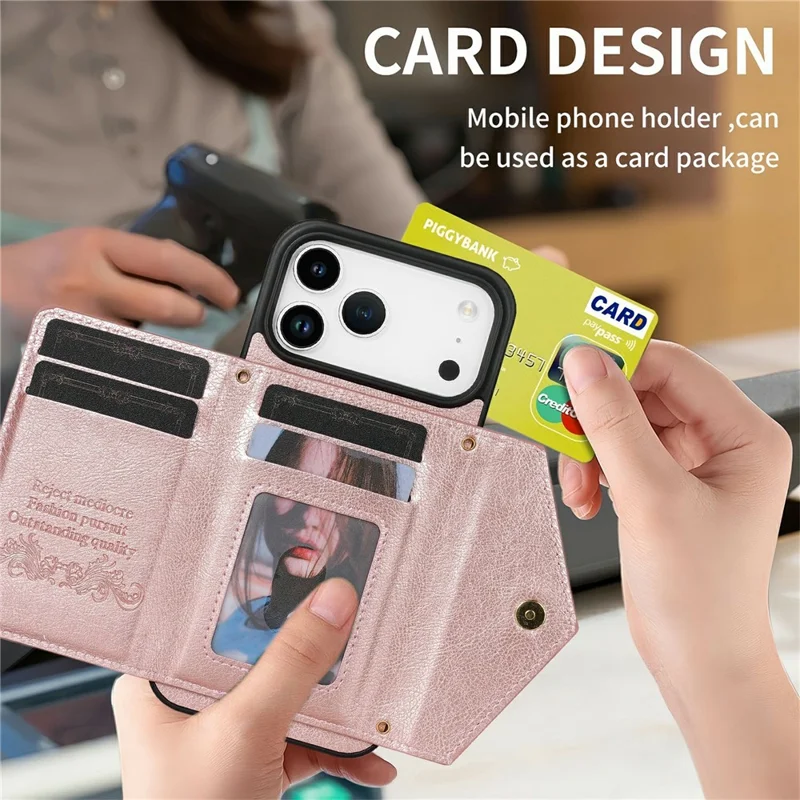 N.BEKUS For iPhone 17 Pro Max Leather Zipper Case Card Holder Phone Cover with Shoulder Strap - Pink