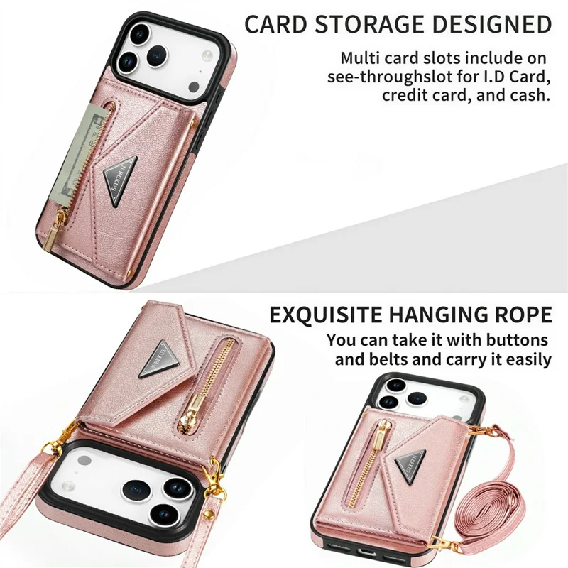 N.BEKUS For iPhone 17 Pro Max Leather Zipper Case Card Holder Phone Cover with Shoulder Strap - Pink