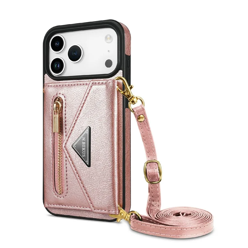 N.BEKUS For iPhone 17 Pro Max Leather Zipper Case Card Holder Phone Cover with Shoulder Strap - Pink