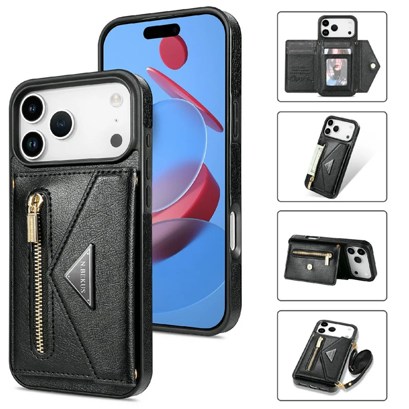 N.BEKUS For iPhone 17 Pro Max Leather Zipper Case Card Holder Phone Cover with Shoulder Strap - Black