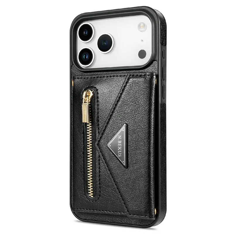N.BEKUS For iPhone 17 Pro Max Leather Zipper Case Card Holder Phone Cover with Shoulder Strap - Black