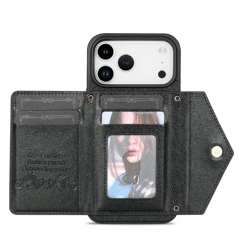 N.BEKUS For iPhone 17 Pro Max Leather Zipper Case Card Holder Phone Cover with Shoulder Strap - Black