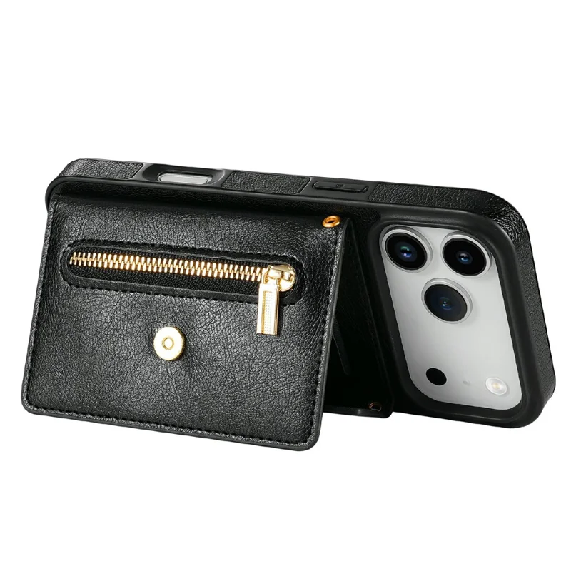 N.BEKUS For iPhone 17 Pro Max Leather Zipper Case Card Holder Phone Cover with Shoulder Strap - Black