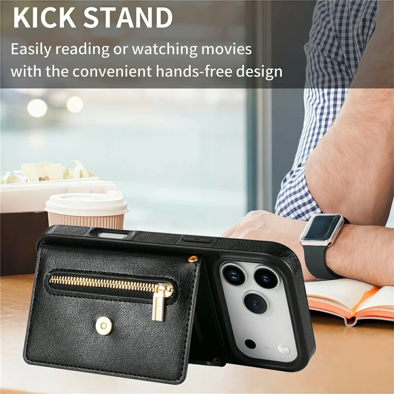 N.BEKUS For iPhone 17 Pro Max Leather Zipper Case Card Holder Phone Cover with Shoulder Strap - Black