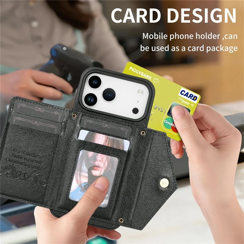 N.BEKUS For iPhone 17 Pro Max Leather Zipper Case Card Holder Phone Cover with Shoulder Strap - Black