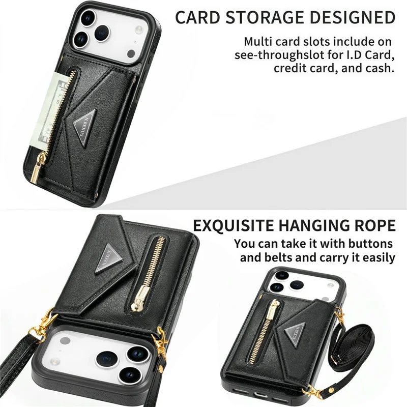 N.BEKUS For iPhone 17 Pro Max Leather Zipper Case Card Holder Phone Cover with Shoulder Strap - Black