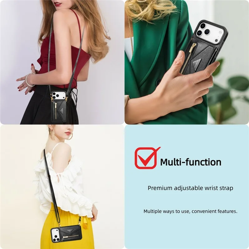 N.BEKUS For iPhone 17 Pro Max Leather Zipper Case Card Holder Phone Cover with Shoulder Strap - Black
