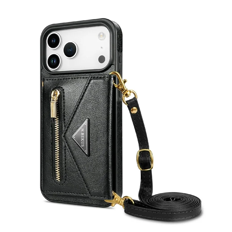 N.BEKUS For iPhone 17 Pro Max Leather Zipper Case Card Holder Phone Cover with Shoulder Strap - Black
